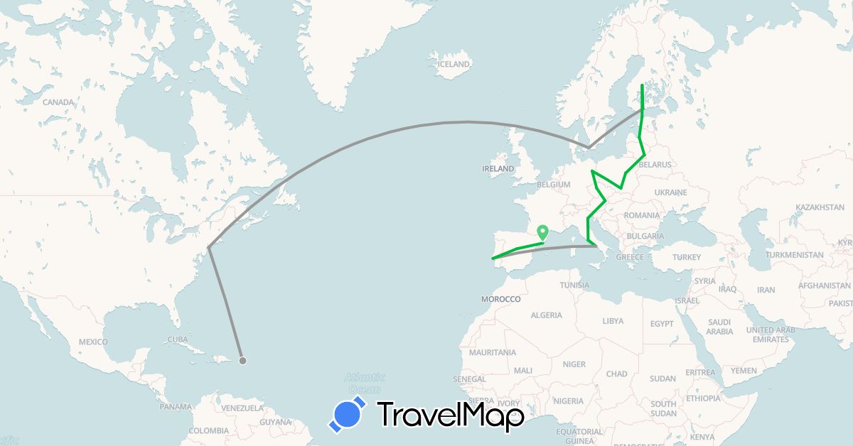 TravelMap itinerary: driving, bus, plane in Austria, Czech Republic, Germany, Denmark, Estonia, Spain, Finland, Italy, Lithuania, Latvia, Poland, Puerto Rico, Portugal, United States (Europe, North America)